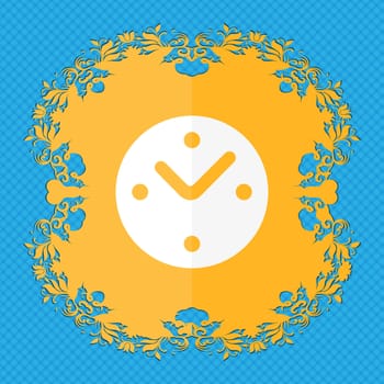 Mechanical Clock . Floral flat design on a blue abstract background with place for your text. illustration