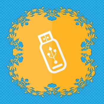 Usb flash drive. Floral flat design on a blue abstract background with place for your text. illustration