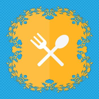 Fork and spoon crosswise, Cutlery, Eat icon sign. Floral flat design on a blue abstract background with place for your text. illustration