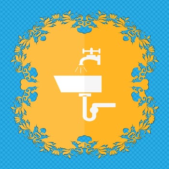 Washbasin icon sign. Floral flat design on a blue abstract background with place for your text. illustration