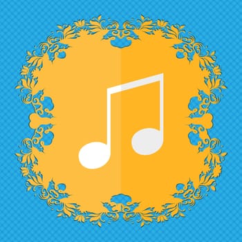 musical note, music, ringtone. Floral flat design on a blue abstract background with place for your text. illustration