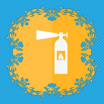 fire extinguisher icon sign. Floral flat design on a blue abstract background with place for your text. illustration