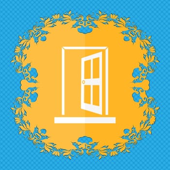Door, Enter or exit icon sign. Floral flat design on a blue abstract background with place for your text. illustration
