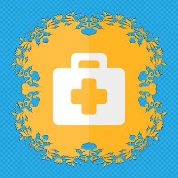 first aid kit. Floral flat design on a blue abstract background with place for your text. illustration