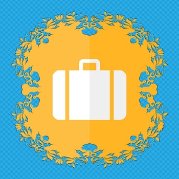 suitcase. Floral flat design on a blue abstract background with place for your text. illustration