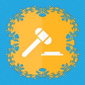 judge hammer icon. Floral flat design on a blue abstract background with place for your text. illustration