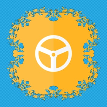 Steering wheel icon sign. Floral flat design on a blue abstract background with place for your text. illustration