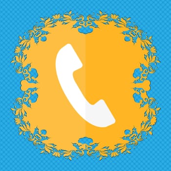 Phone sign icon. Support symbol. Call center. Floral flat design on a blue abstract background with place for your text. illustration