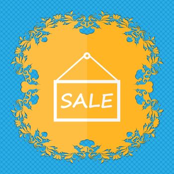 SALE tag icon sign. Floral flat design on a blue abstract background with place for your text. illustration