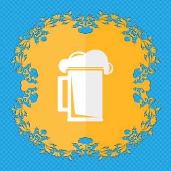 glass of beer. Floral flat design on a blue abstract background with place for your text. illustration
