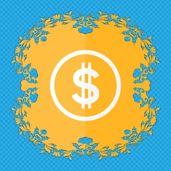 Dollar icon sign. Floral flat design on a blue abstract background with place for your text. illustration
