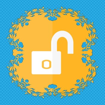 Lock sign icon. Locker symbol. Floral flat design on a blue abstract background with place for your text. illustration
