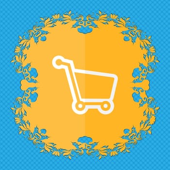 Shopping cart. Floral flat design on a blue abstract background with place for your text. illustration