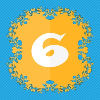 number six icon sign. Floral flat design on a blue abstract background with place for your text. illustration