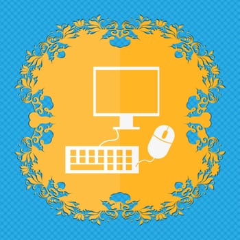 Computer widescreen monitor, keyboard, mouse sign icon. Floral flat design on a blue abstract background with place for your text. illustration