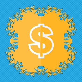 Dollar. Floral flat design on a blue abstract background with place for your text. illustration
