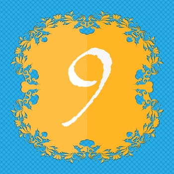 number Nine icon sign. Floral flat design on a blue abstract background with place for your text. illustration