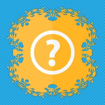 Question mark sign icon. Help speech bubble symbol. FAQ sign. Floral flat design on a blue abstract background with place for your text. illustration