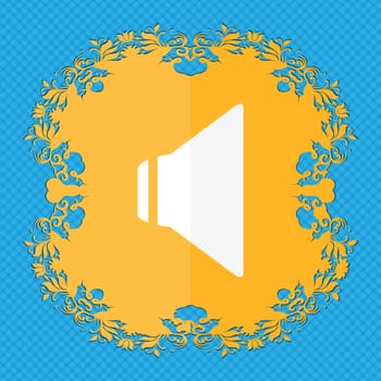 Speaker volume sign icon. Sound symbol. Floral flat design on a blue abstract background with place for your text. illustration