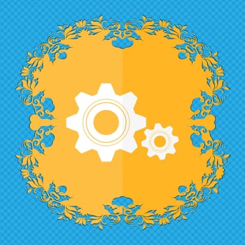 Cog settings sign icon. Cogwheel gear mechanism symbol. Floral flat design on a blue abstract background with place for your text. illustration