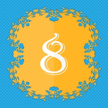 number Eight icon sign. Floral flat design on a blue abstract background with place for your text. illustration