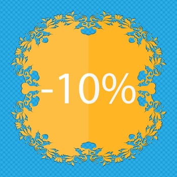 10 percent discount sign icon. Sale symbol. Special offer label. Floral flat design on a blue abstract background with place for your text. illustration