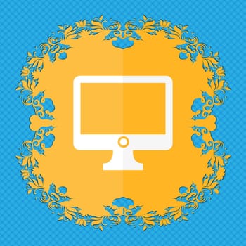 Computer widescreen monitor sign icon. Floral flat design on a blue abstract background with place for your text. illustration