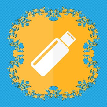 Usb sign icon. Usb flash drive stick symbol. Floral flat design on a blue abstract background with place for your text. illustration