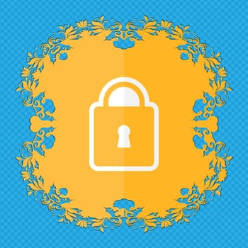 Lock. Floral flat design on a blue abstract background with place for your text. illustration