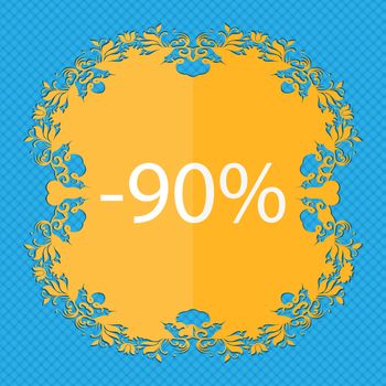 90 percent discount sign icon. Sale symbol. Special offer label. Floral flat design on a blue abstract background with place for your text. illustration