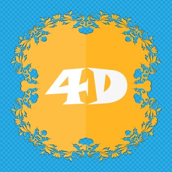 4D sign icon. 4D New technology symbol. Floral flat design on a blue abstract background with place for your text. illustration