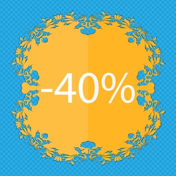 40 percent discount sign icon. Sale symbol. Special offer label. Floral flat design on a blue abstract background with place for your text. illustration