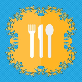 fork, knife, spoon. Floral flat design on a blue abstract background with place for your text. illustration