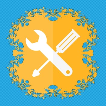 Repair tool sign icon. Service symbol. screwdriver with wrench. Floral flat design on a blue abstract background with place for your text. illustration