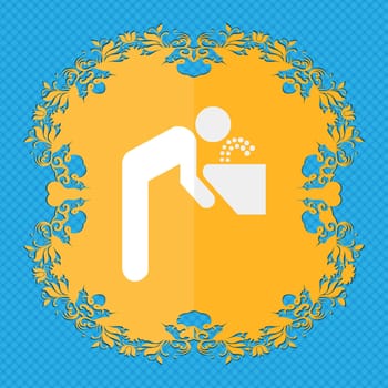 drinking fountain. Floral flat design on a blue abstract background with place for your text. illustration