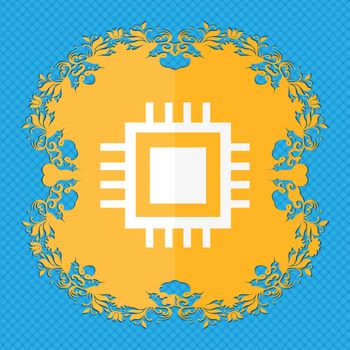 Central Processing Unit Icon. Technology scheme circle symbol. Floral flat design on a blue abstract background with place for your text. illustration