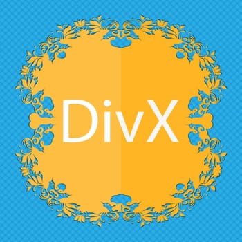 DivX video format sign icon. symbol. Floral flat design on a blue abstract background with place for your text. illustration