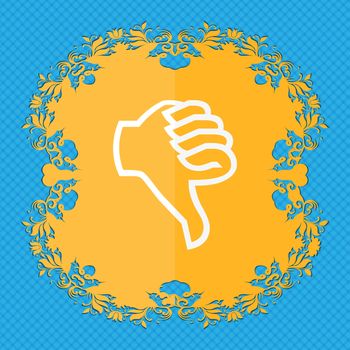 Dislike sign icon. Thumb down sign. Hand finger down symbol. Floral flat design on a blue abstract background with place for your text. illustration