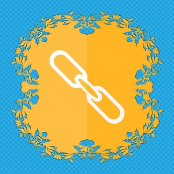Link sign icon. Hyperlink chain symbol. Floral flat design on a blue abstract background with place for your text. illustration