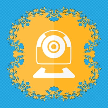 Webcam sign icon. Web video chat symbol. Camera chat. Floral flat design on a blue abstract background with place for your text. illustration