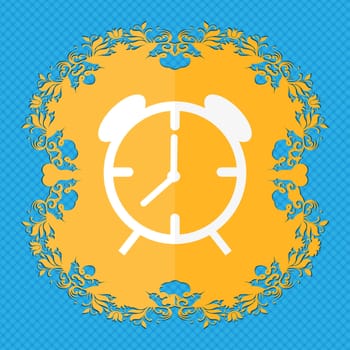 Alarm clock sign icon. Wake up alarm symbol. Floral flat design on a blue abstract background with place for your text. illustration