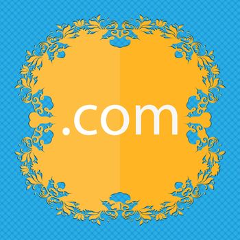 Domain COM sign icon. Top-level internet domain symbol. Floral flat design on a blue abstract background with place for your text. illustration