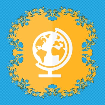 Globe sign icon. World map geography symbol. Globes on stand for studying. Floral flat design on a blue abstract background with place for your text. illustration