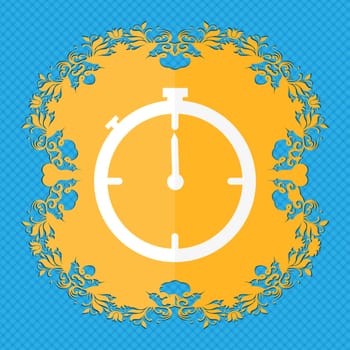 Timer sign icon. Stopwatch symbol.. Floral flat design on a blue abstract background with place for your text. illustration