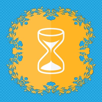 Hourglass sign icon. Sand timer symbol. Floral flat design on a blue abstract background with place for your text. illustration