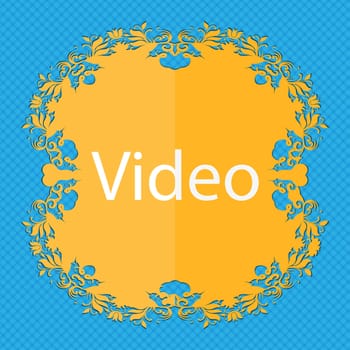 Play video sign icon. Player navigation symbol. Floral flat design on a blue abstract background with place for your text. illustration