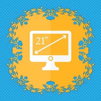 diagonal of the monitor 21 inches icon sign. Floral flat design on a blue abstract background with place for your text. illustration