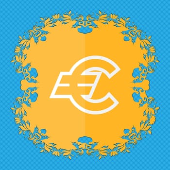 Euro EUR. Floral flat design on a blue abstract background with place for your text. illustration