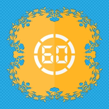 60 second stopwatch icon sign. Floral flat design on a blue abstract background with place for your text. illustration