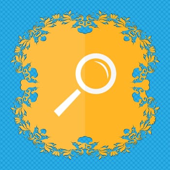 Magnifier glass sign icon. Zoom tool button. Navigation search symbol. Floral flat design on a blue abstract background with place for your text. illustration